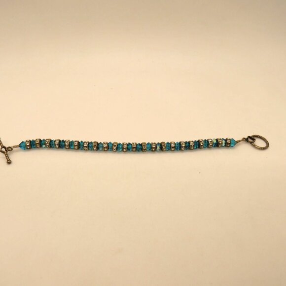 Blue Crystal Bead Bracelet Rhinestone Spacers Silver Tone Heart Toggle Clasp - Picture 10 of 12